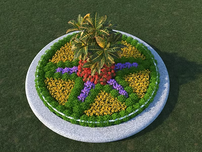 Circular Road Greening Facility With Colorful Flowers Green Grass And Stone Edge 3d model