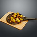 Black Cast Iron Frying Pan On Wooden Cutting Board With Roasted Potatoes And Mushrooms