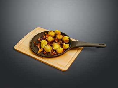 Black Cast Iron Frying Pan On Wooden Cutting Board With Roasted Potatoes And Mushrooms 3d model