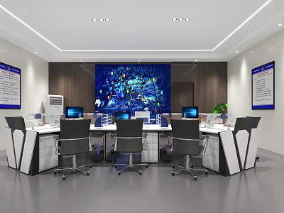 Modern Public Office Area With Workstations Computer Monitors Large Blue Display Screen And Office Chairs 3d model