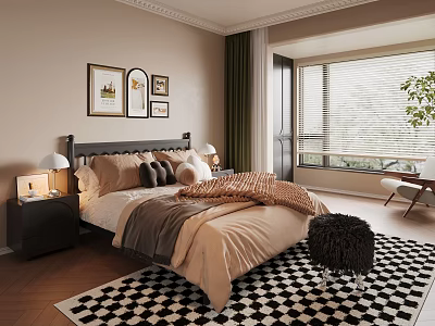 Cozy Modern Bedroom With Beige Bedding Pillows Nightstands Lamps Wall Art Window Blinds And Rug 3d model