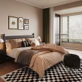 Cozy Modern Bedroom With Beige Bedding Pillows Nightstands Lamps Wall Art Window Blinds And Rug
