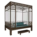Chinese Style Double Bed With Carved Wooden Frame And Canopy Curtains