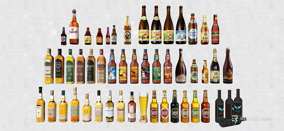 Assorted Wine and Beer Bottles With Glasses in Colorful Display Arrangement 3d model 