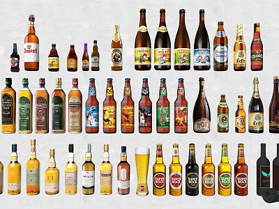 Assorted Wine and Beer Bottles With Glasses in Colorful Display Arrangement 3d model