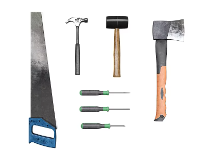 Essential Hardware Tools Including Saw Hammer Axe and Screwdrivers for Home Projects 3d model