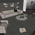 Contemporary Beige Sofa And Round Marble Top Coffee Table Set With Accent Chairs In Living Room