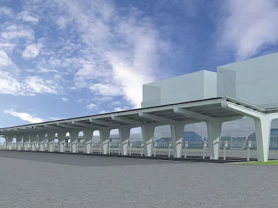 Modern Architectural Building With Long Canopy White Pillars And Open Square Under Blue Sky 3d model