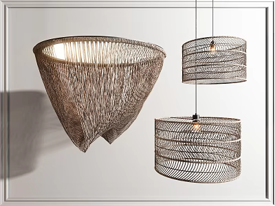 Modern Woven Pendant Lights in Conical and Cylindrical Shapes on White Wall 3d model