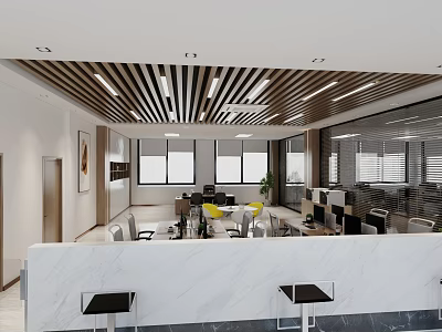 Modern Public Office Area With Marble Reception Desk Open Layout Wooden Strip Ceiling And Windows 3d model