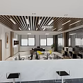 Modern Public Office Area With Marble Reception Desk Open Layout Wooden Strip Ceiling And Windows