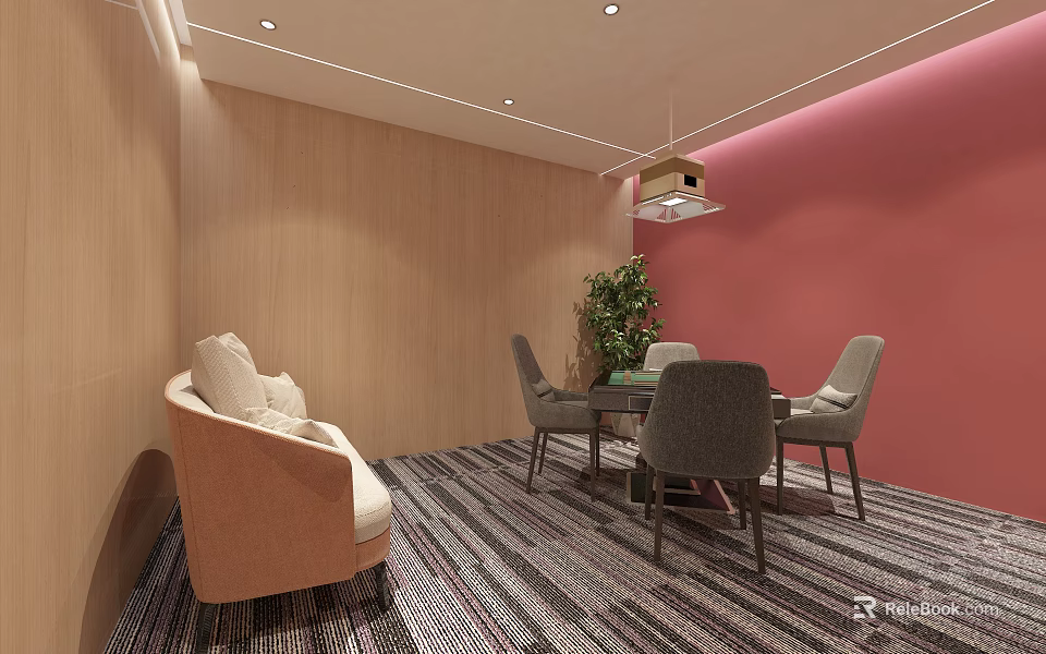 Modern Office Interior With Beige Sofa Dining Table Gray Chairs And Pink Wall 3d model