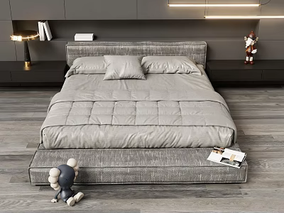 Modern Double Bed with Gray Bedding LED Strip Lights on Wooden Floor and Decorative Items 3d model