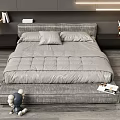 Modern Double Bed with Gray Bedding LED Strip Lights on Wooden Floor and Decorative Items
