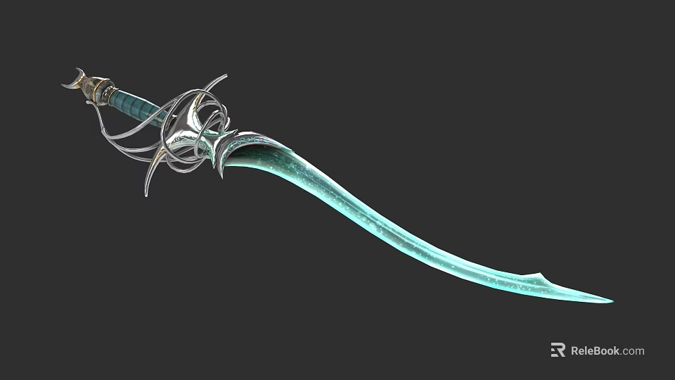 Decorative Turquoise Sword With Curved Blade And Ornate Silver Hilt Design 3d model 