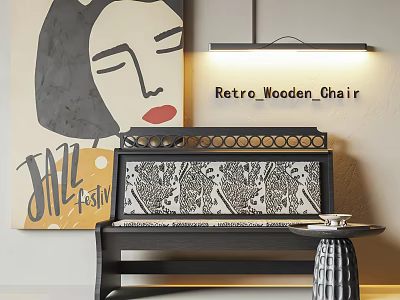 Retro Wooden Chair With Black And White Patterned Backrest In Modern Interior Featuring Jazz Poster 3d model