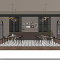 Modern Café Interior With Wooden Tables Black Chairs Pendant Lights And Wall Art