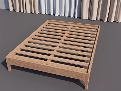 Modern Wooden Bed Frame With Slatted Design And Simple Structure Near Colorful Curtains 3d model