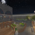 Garden Landscape Night Sky With Moon Stars Brick Wall Lotus Pool Wooden Deck Tables Umbrella