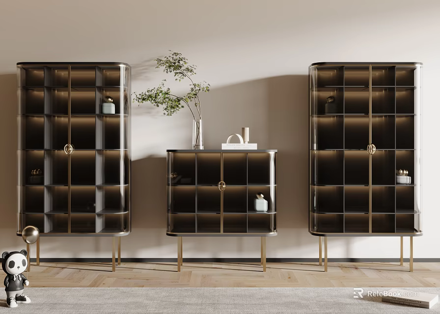 Modern Luxury Wine Cabinet With Black Glass Shelves Gold Metal Legs And Decorative Plants 3d model 