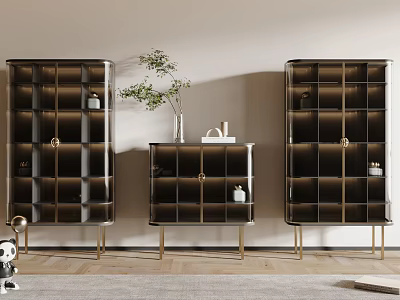Modern Luxury Wine Cabinet With Black Glass Shelves Gold Metal Legs And Decorative Plants 3d model