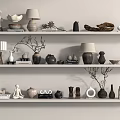 Decorative Ornaments Arrangement On White Shelves With Sculptures Vases Lamps Branches Books And Bowls