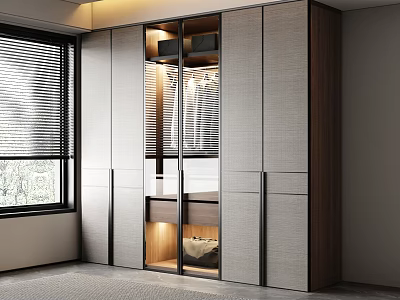 Modern Wardrobe With Sliding Glass Doors Interior Lighting And Wooden Frame 3d model