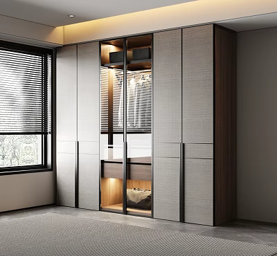 Modern Wardrobe With Sliding Glass Doors Interior Lighting And Wooden Frame 3d model