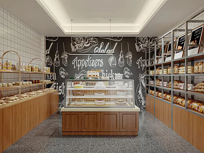 Cozy Bakery Interior With Display Case Shelves And Chalkboard Art 3d model