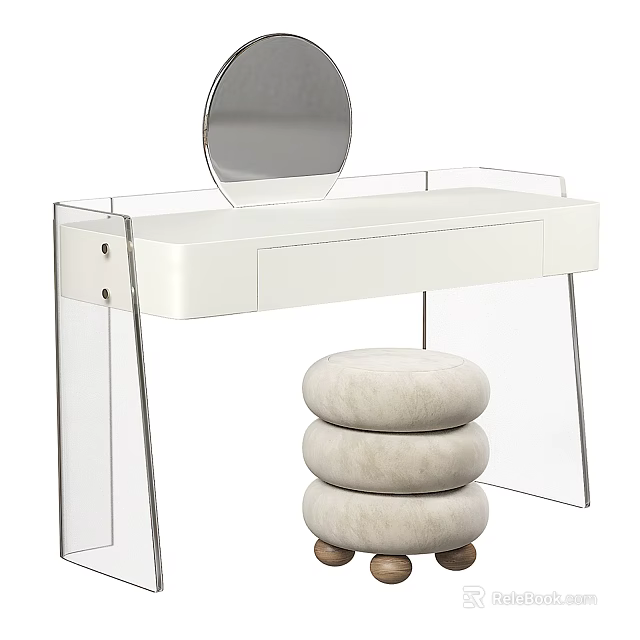 Modern Minimalist Dressing Table With Acrylic Legs Round Mirror And Upholstered Stool 3d model