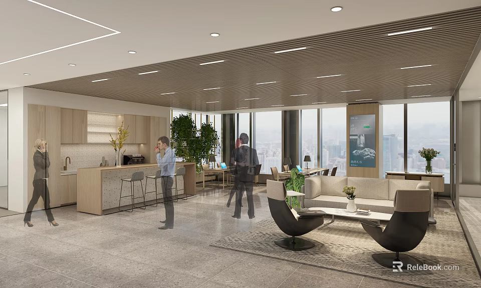 Modern Lounge Area Interior With Large Windows Comfortable Sofas Green Plants And Bar Counter 3d model