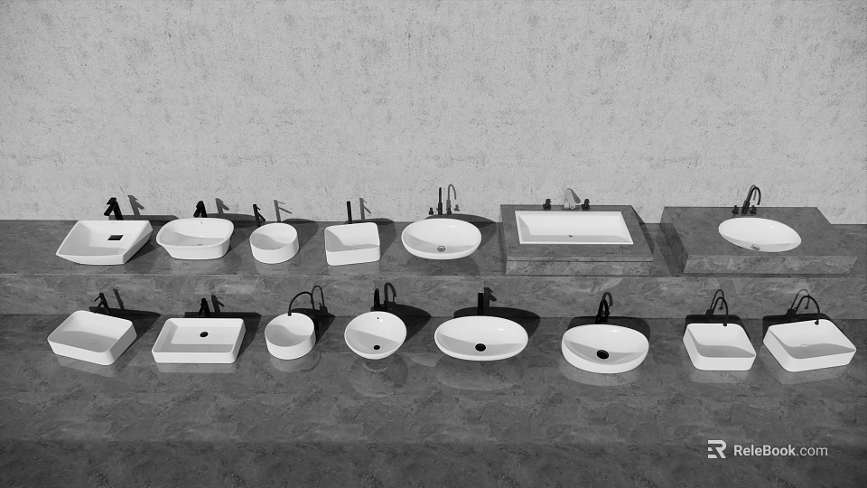 Various Modern Design Washbasins with Different Shapes Displayed on Gray Countertop 3d model