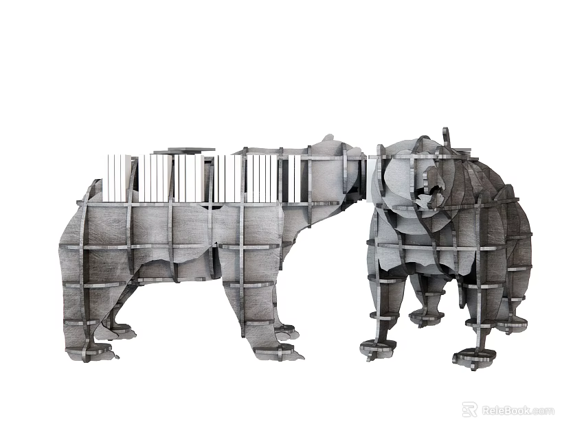 Unique Bear Shaped Bookshelf with Metal Frame Standing Face to Face and Multiple Storage Shelves 3d model 