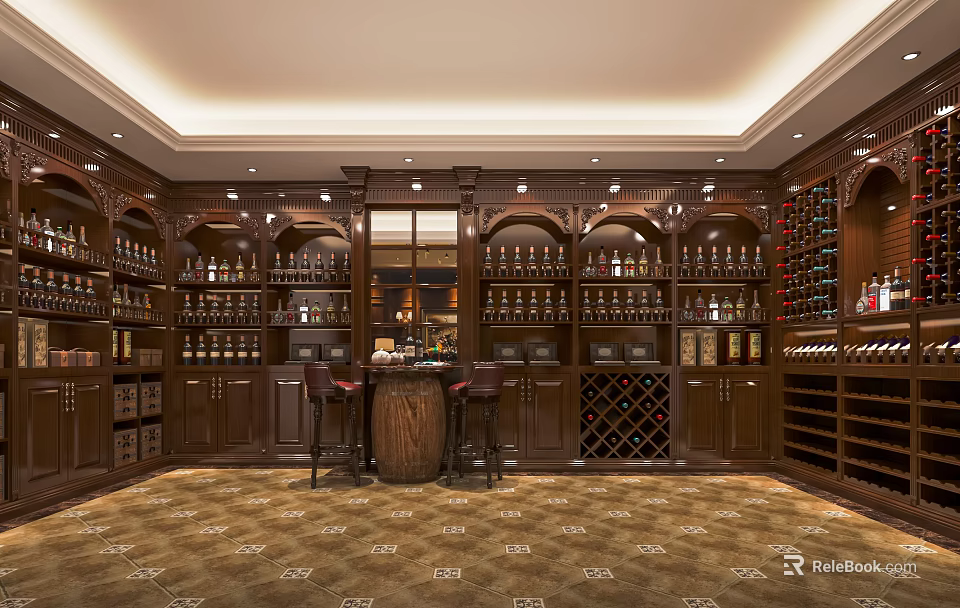 Elegant Wine Cellar Interior Design With Wooden Wine Racks Wine Barrel Bar Counter And Chairs 3d model 
