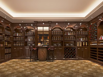 Elegant Wine Cellar Interior Design With Wooden Wine Racks Wine Barrel Bar Counter And Chairs 3d model