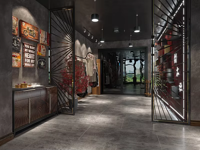 Modern Industrial Retail Space With Metal Frames Decorative Posters And Pendant Lights 3d model