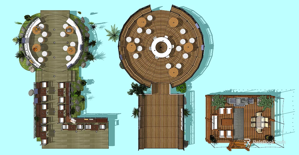 Outdoor Leisure Space Design With Circular Wooden Platform And Palm Trees 3d model 