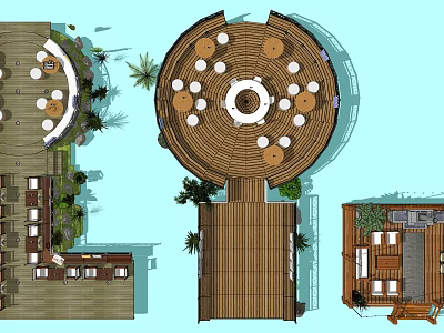 Outdoor Leisure Space Design With Circular Wooden Platform And Palm Trees 3d model