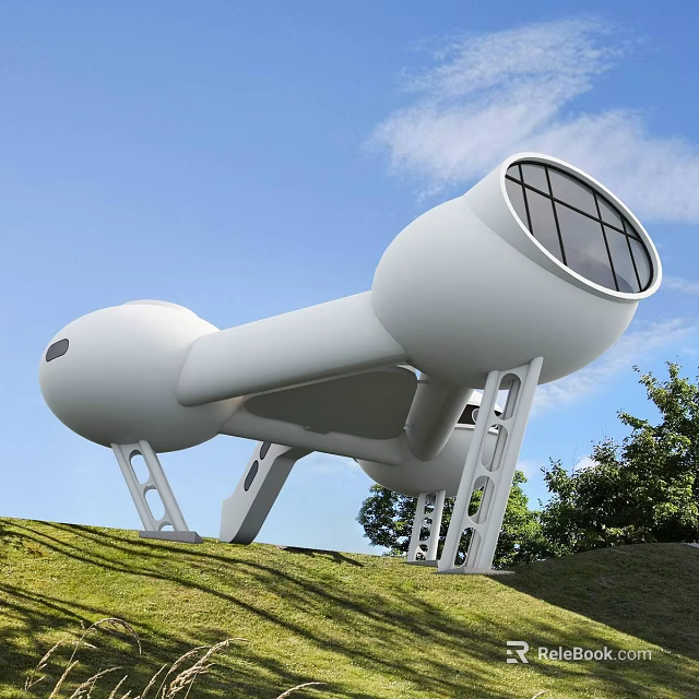 Unique White Detached Villa Featuring Large Windows On Grassy Hill With Supporting Structures 3d model 