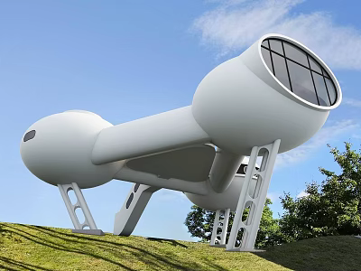 Unique White Detached Villa Featuring Large Windows On Grassy Hill With Supporting Structures 3d model