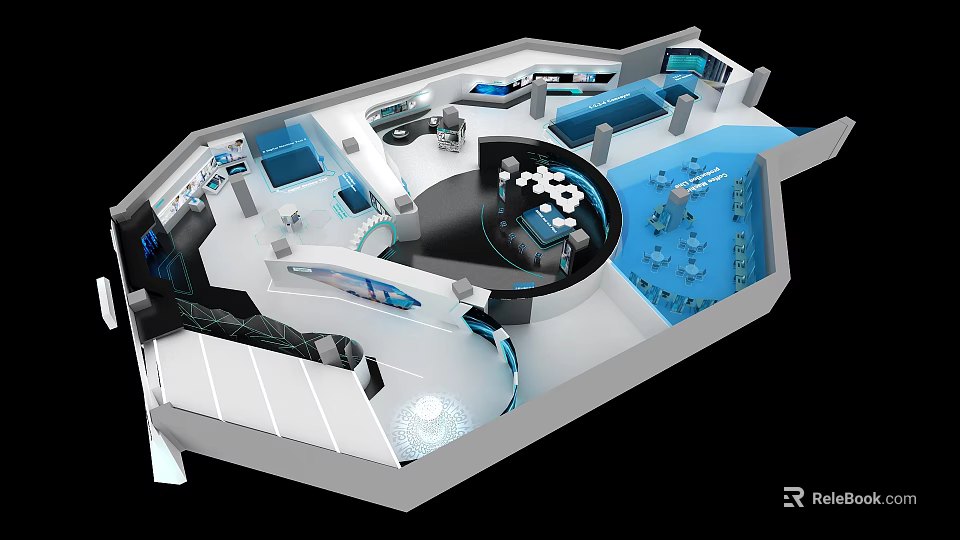 Futuristic Control Room Interior With High Tech Blue White Design And Circular Console Screens 3d model 