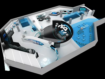 Futuristic Control Room Interior With High Tech Blue White Design And Circular Console Screens 3d model