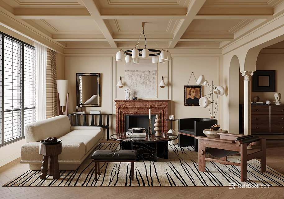 Elegant Living Room Interior Design With Beamed Ceiling Chandelier Sofa Fireplace And Rug 3d model 