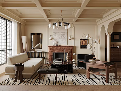 Elegant Living Room Interior Design With Beamed Ceiling Chandelier Sofa Fireplace And Rug 3d model
