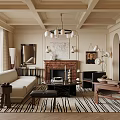 Elegant Living Room Interior Design With Beamed Ceiling Chandelier Sofa Fireplace And Rug
