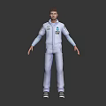 Man in Light Purple Coverall With Blue Logo Standing on Dark Background