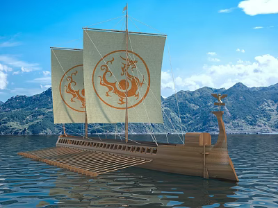 Wooden Ship With Two Sails Orange Dragon Patterns On Calm Water Mountain Backdrop Blue Sky 3d model