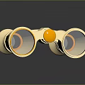 Gold Binoculars With Two Lenses Central Knob On Black Reflective Surface