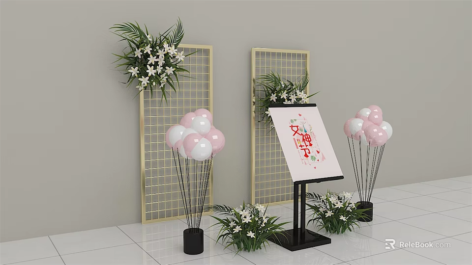 Gold Grid Display Shelves With Green Plants White Flowers And Pink Balloons For Welcome Decor 3d model 