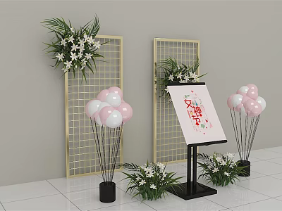 Gold Grid Display Shelves With Green Plants White Flowers And Pink Balloons For Welcome Decor 3d model